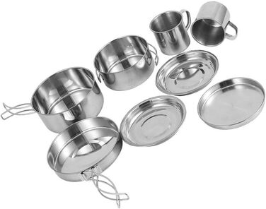 Набір посуду з нержавіючої сталі 8 предметів для кемпінгу та відпочинку на природі, портативний набір мисок та тарілок для пікніка Легкий кухонний набір з харчової нержавіючої сталі для піших прогулянок, подорожей з рюкзаком, подорожей та барбекю