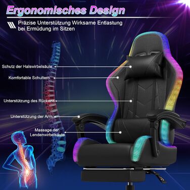 Геймерське крісло Devoko LED ергономічне офісне крісло з функцією масажу та телескопічною підставкою для ніг, регульована спинка (90-135), для геймерів вагою до 150 кг, дизайн, що не турбує очі, насичений чорний колір