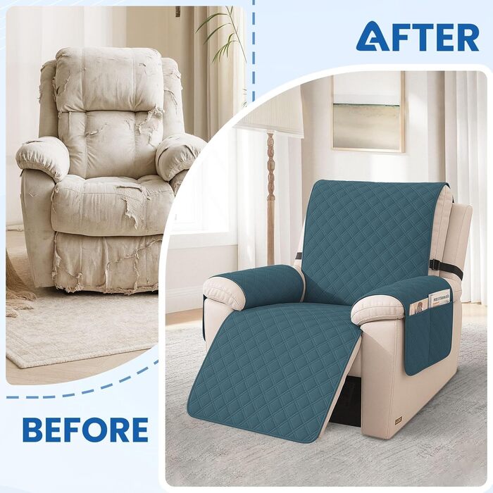 Водонепроникний чохол для крісла з 1-місним покриттям, чохол для крісла-реклайнера з кишенями, протиковзкий та стійкий до подряпин чохол для крісла, чохол для крісла з підлокітниками, підходить для дітей та домашніх тварин, темно-зелений, 1-місний (Д 59 с