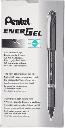 Рідка гелева ручка Pentel EnerGel NV, 0,5 мм, Fine Line Limited, кінчик голки, чорне чорнило, коробка 12 шт. (BLN25-A)