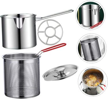 Комплект фритюрниці з нержавіючої сталі для дому Міні-сковорода Портативна плита Кошик для фритюрниці тако Японська фритюрниця темпура Маленька глибока фритюрниця Кошик для фритюрниці з горщиком, 1