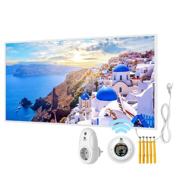 Інфрачервоний обігрівач BR Bringer Picture з рамкою, 1000 Вт та термостатом з пультом дистанційного керування - Обігрівач для картин з УФ-друком - 120x60x1,8 см - Санторіні, Греція