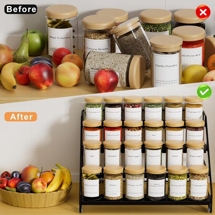 Рівнева підставка для спецій, металева регульована підставка для спецій, не потребує свердління, підставки для спецій для кухні, шафи та стільниці, органайзер для підставок для спецій (чорний), 4-