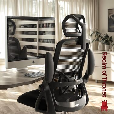 Ергономічне офісне крісло Captain Realm of Thrones, міцна сталева основа, складні підлокітники, регульована поперекова підтримка, дихаюча сітчаста спинка, зручна подушка сидіння, стілець (чорний) чорного кольору, сучасний