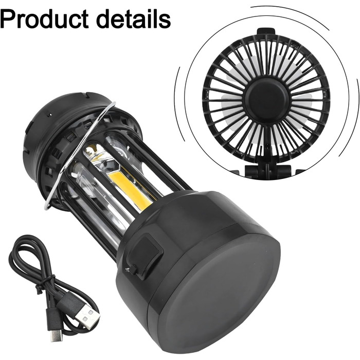 Ліхтар для кемпінгу, портативний багатофункціональний ліхтар з акумулятором 1200 мАг, складний вентилятор та зарядка через порт Type-C, 250 люмен, ABS хромоване залізо, чорний/білий