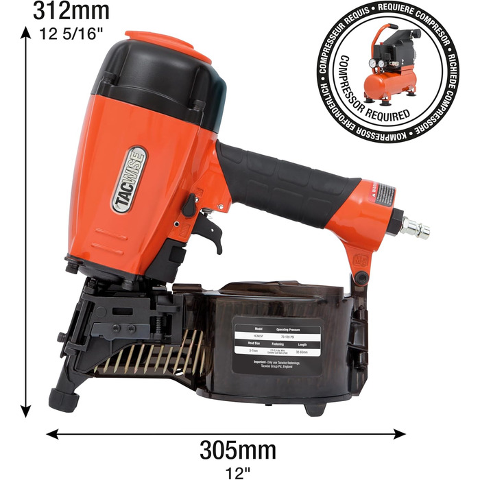 Пневматичний котушковий цвяхозабивач Tacwise HCN65P, використовує плоскі котушкові цвяхи, 32 - 65 мм