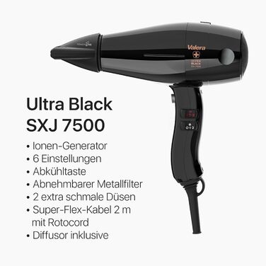 Професійний фен Valera Swiss Silent Jet Light 7500 Ultrablack двигун PM-Pro, 6 температурних режимів, іонізація, кабель Super-Flex, 2000 Вт