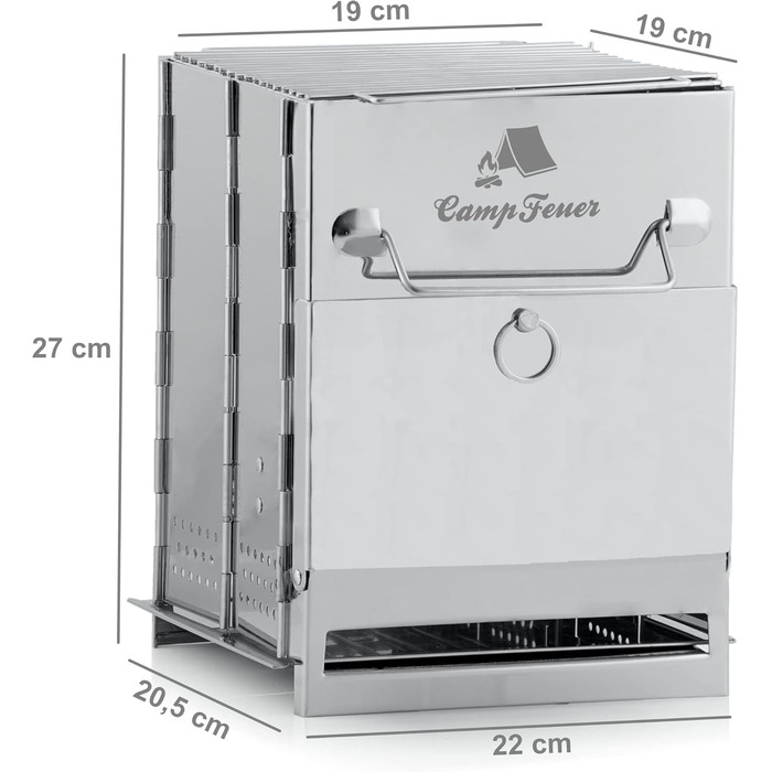 Складаний гриль з нержавіючої сталі CampFeuer 22 x 20,5 x 27 см Складаний гриль Кемпінговий гриль для походів та використання на свіжому повітрі Складаний портативний гриль, портативний кишеньковий гриль, сріблястий кемпінговий гриль