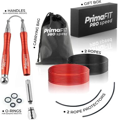 Скакалка PrimaFIT для дорослих Fitness Pro Швидкісна скакалка 3 м скакалка регулюється з обтяженнями, 2 кульковими підшипниками та протиковзкими ручками, професійні скіппінг для боксу, ММА, кроссфіт, додаткова сталева мотузка, сумка червона