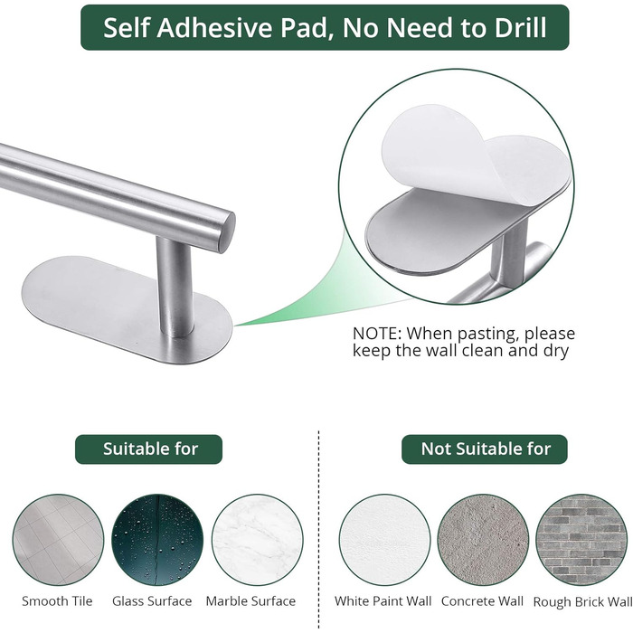 Рушникосушка JiGiU без свердління, набір 5-в-1 з нержавіючої сталі 40 см рушникосушка для ванної кімнати, 3 шт. гачок для рушників