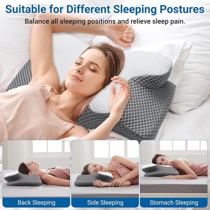 Подушка для шиї, подушка з піни з ефектом пам&39яті, ергономічна подушка, ортопедична подушка. Підходить для сну на боці, спині та животі. Полегшує біль у плечах та забезпечує полегшення. 60 * 34 * 13/10 см