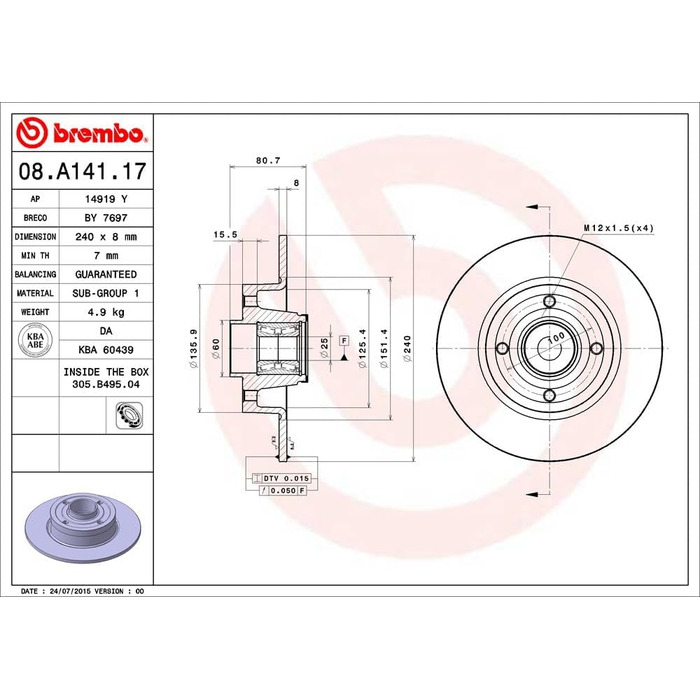 Гальмівний диск Brembo 08.A141.17 BEARING DISC LINE