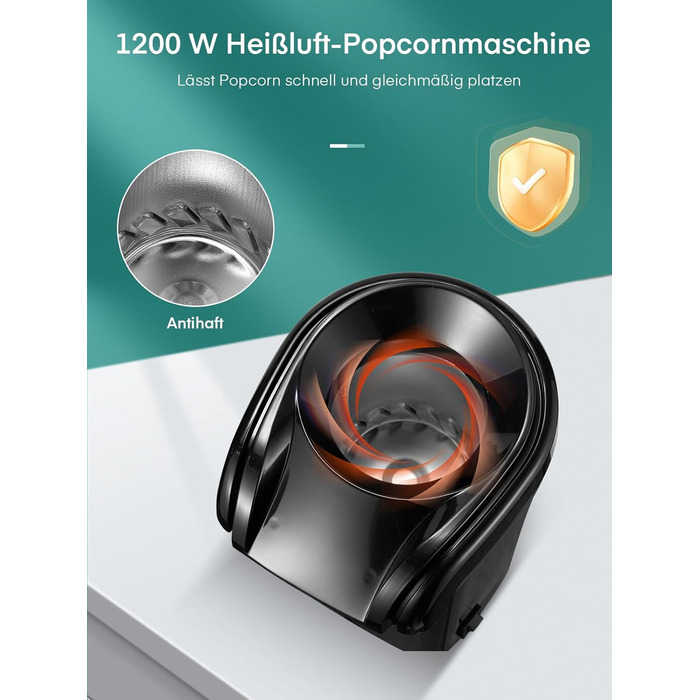 Машина для приготування попкорну з гарячим повітрям, домашня машина для приготування попкорну потужністю 1200 Вт, швидкий попкорн за 2 хвилини, без жиру та олії, включаючи мірну ложку для кукурудзи, компактний дизайн, для домашнього відео та різдвяних веч