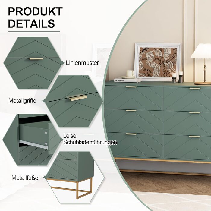 Комод UEV з 6 шухлядами, дерев&39яна шафа з механізмом проти перекидання та металевими ніжками, висока тумба/сервант, вузька комод/бічна шафа для вітальні, спальні, коридору, 100x34x73,5 см, зелений, 34 Г x 100 Ш x 73,5 В см (6 шухляд)