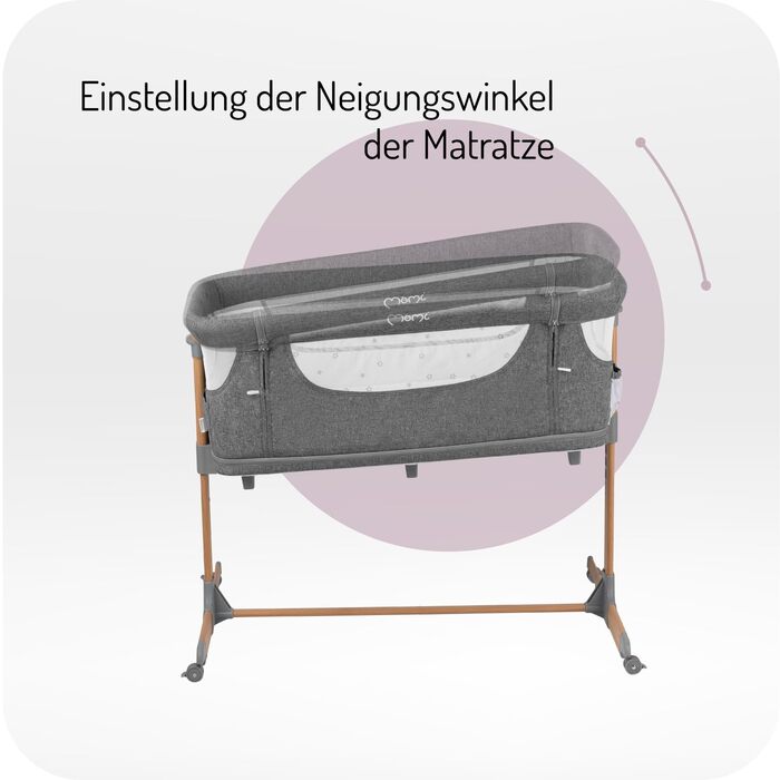 Дитяче ліжечко Momi SMART Bed 4-в-1 до 15 кг, приліжкове ліжечко для немовлят з матрацом, регульована висота, сірого кольору, одномісне