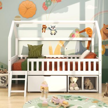 Дитяче ліжко 90x200 см із захистом від падіння, дитяче ліжко-будиночок з шухлядами та відділеннями для зберігання, міцне дерев&39яне ліжко-будиночок на дереві з рейковою основою, ігрове ліжко-будиночок з соснової деревини для хлопчиків та дівчаток, біле з