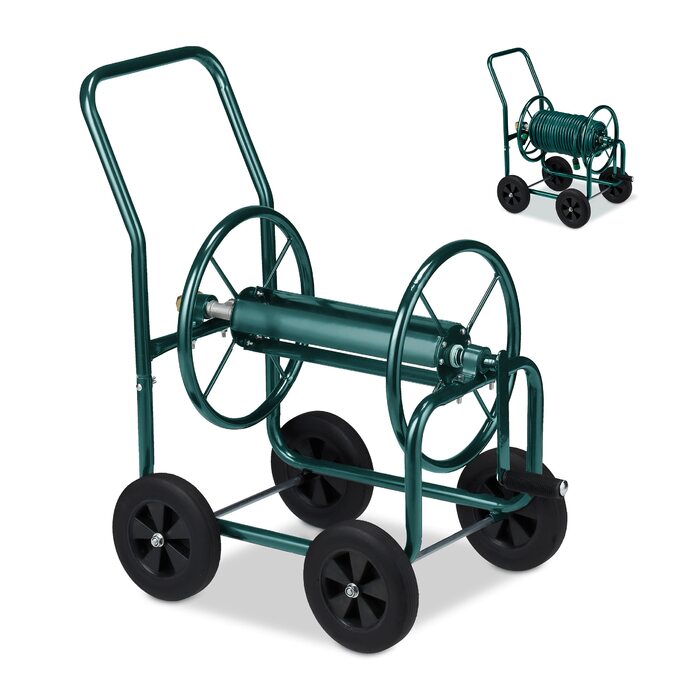 Садовий візок для шланга Relaxdays, до 60 м, 4 суцільні гумові колеса, швидке зєднання, металева бочка для шланга, зелений