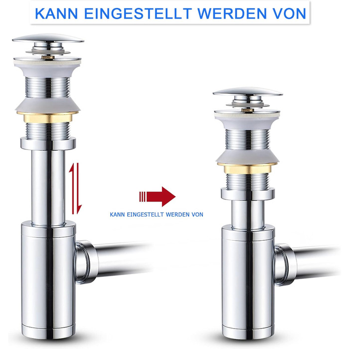 Сифон для пляшок для раковини у ванній кімнаті, сифон і висувний клапан Зливний набір без зливу переливної пробки, сифон для раковини, хромований універсальний сифон без переливного отвору - Латунний хром