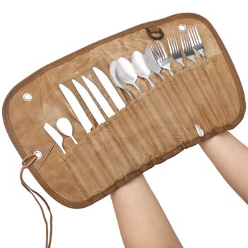 Набір із 14 виделок та ложок, сумка для столових приборів для використання на вулиці, набір столових приборів для кемпінгу, дорожні столові прибори з сумкою для зберігання, портативний набір столових приборів для кемпінгу, багаторазовий, для пікніків та в
