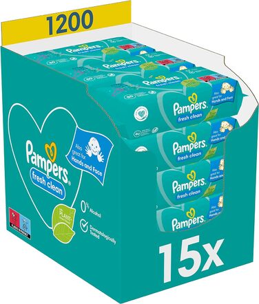 Дитячі вологі серветки Pampers Fresh Clean, м'який аромат, також підходять для рук та обличчя, 1200 серветок, (упаковка з 15 шт. )