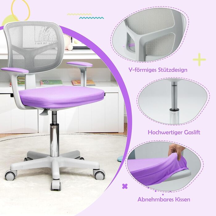 Дитяче письмове крісло FANTASK 80-91,5 см, регульоване молодіжне крісло зі спинкою та підлокітниками, обертове дитяче письмове крісло, фіолетове