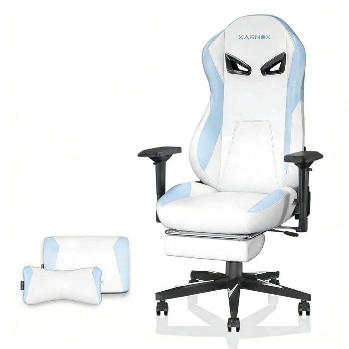 Геймерське крісло з підставкою для ніг та тканинним чохлом Ергономічне офісне крісло з 4D підлокітниками, підтримкою голови/попереку, регулюванням висоти, вантажопідйомністю 150 кг, білий/синій
