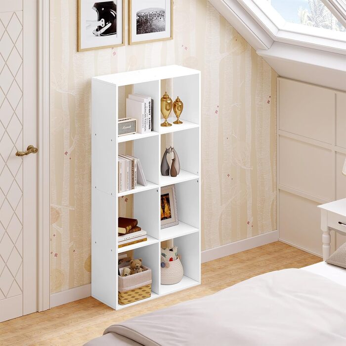 Книжкова полиця WOLTU на 4 рівні, окремостояча полиця з 8 відділеннями та пристроєм проти перекидання, полиця для DVD з дерев&39яного матеріалу, перегородка/шафа для документів, для вітальні, кухні, офісу, 7140,5x29 см, білий колір, 8 відділень (29 Г x 71