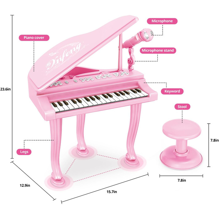 Дитяче цифрове піаніно з пюпітром, мікрофоном, стільчиком, функцією запису та відтворення, 36 клавіш, 22 демонстрації 20 ритмів Електронне музичне піаніно для дітей