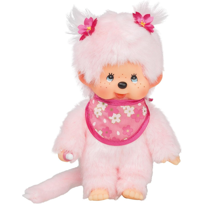 Оригінальна лялька Monchhichi Вишня в цвіту, плюшева фігурка з нагрудником та косичками з квітами, м'яка іграшка рожевого кольору, приблизно 20 см, 767020 -