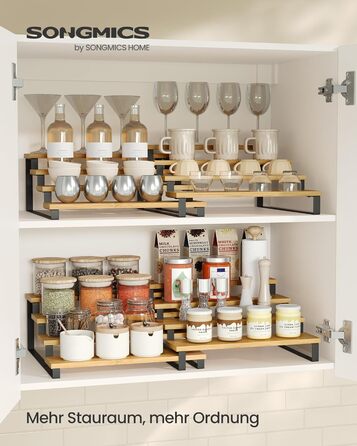 Стелажі для спецій, кухонні полиці, кухонний органайзер, комплект з 2 шт., дерев&39яний композит, 4 полиці кожна, висувні, штабелюються, для комори, стільниця, натуральний бежевий-чорний колір KCS216N01 Натуральний бежевий чорний, 4 яруси (31,9 Г x 14,8 В