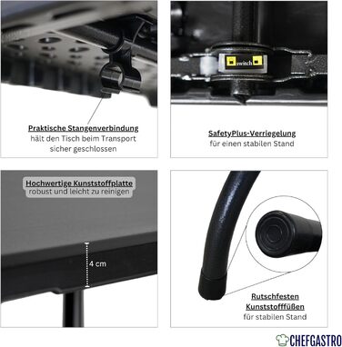 Складаний фуршетний стіл 180x75 см, водонепроникний садовий стіл з ручкою для перенесення, 8 осіб, пластиковий чорний, складаний стіл, портативний кемпінговий стіл на відкритому повітрі для саду, тераси, балкону, вечірки, фуршетний стіл, гладкий чорний