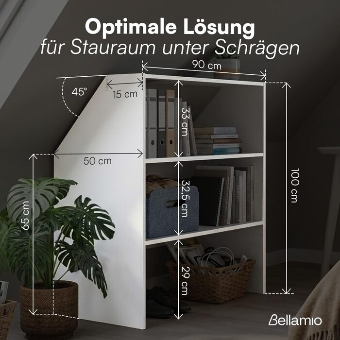 Полиця Bellamio Aland з похилою стелею білого кольору відкрита шафа з похилою стелею та 3 відділеннями книжкова шафа/шафа компактне сховище для похилих стін нішева шафа 100x90x50 (ВxШxГ) біла, 3 відкриті відділення