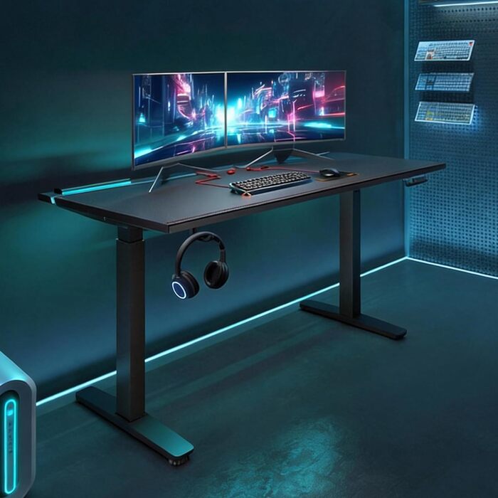 Ігровий стіл FLEXISPOT з електричним регулюванням висоти, світлодіодною стрічкою та системою керування кабелями, подвійним двигуном, 4 слотами пам&39яті, тихим регулюванням висоти підходить для домашнього офісу та ігор, 120 x 70 см, чорний