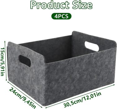 Набір фетрових кошиків WOPPLXY з 4 предметів, фетрова коробка 30,5 x 24 x 15 см, сірий фетровий кошик для шаф, книжкових полиць та шухляд
