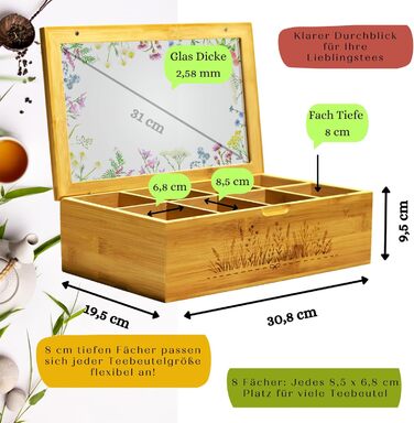Преміальна чайна коробка з 8 відділеннями, акриловим скляним віконцем, гравіюванням трав та магнітною застібкою - універсальне використання для чайних пакетиків, кавових капсул тощо (Mattem Wildflower Meadow)