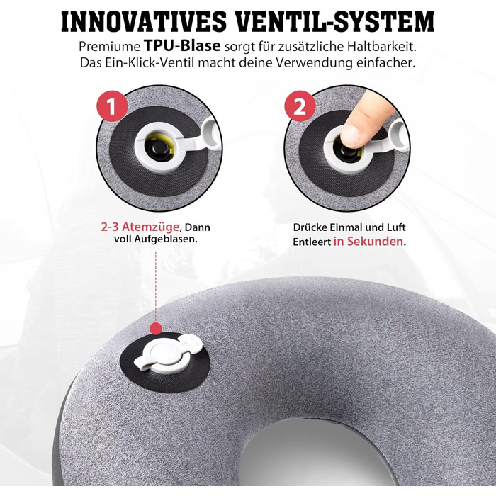 Надувна подушка для шиї HIKENTURE - З чохлом, який знімається та миється - подушка для подорожей, подушка для шиї в літаку, автомобілі, поїзді - подушка для підтримки шиї - надувна подушка для шиї для подорожей маленька сіра