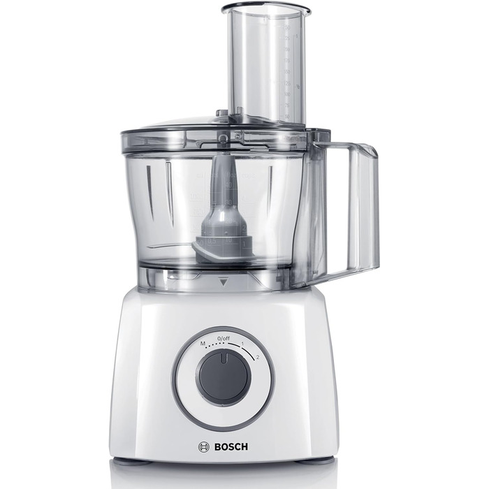 Компактний кухонний комбайн Bosch MultiTalent 3 MCM3200W 30 функцій, універсальний ніж, насадки для нарізки та тертя, збивальний диск, чаша 2,3 л, блендер 1,0 л, 800 Вт, білий