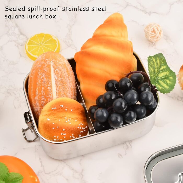 Преміум ланчбокс з нержавіючої сталі, 800 мл. Герметична обідниця з 2 відділеннями, контейнер для їжі з роздільниками, без BPA для дітей та дорослих. Можна мити в посудомийній машині, 16,5 x 12,7 x 6,3 см, сріблястий.
