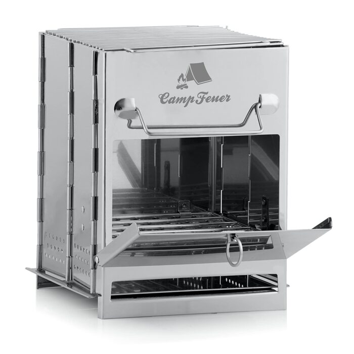 Складаний гриль з нержавіючої сталі CampFeuer 22 x 20,5 x 27 см Складаний гриль Кемпінговий гриль для походів та використання на свіжому повітрі Складаний портативний гриль, портативний кишеньковий гриль, сріблястий кемпінговий гриль