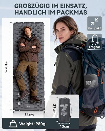 Килимок для кемпінгу HIKENTURE, R-значення 7.3, з ножним насосом, надтовстий килимок для сну 10 см, 210x64 см, теплий килимок для сну/надувний матрац, невеликий розмір у упаковці, 4 сезони для активного відпочинку, походів, наметів