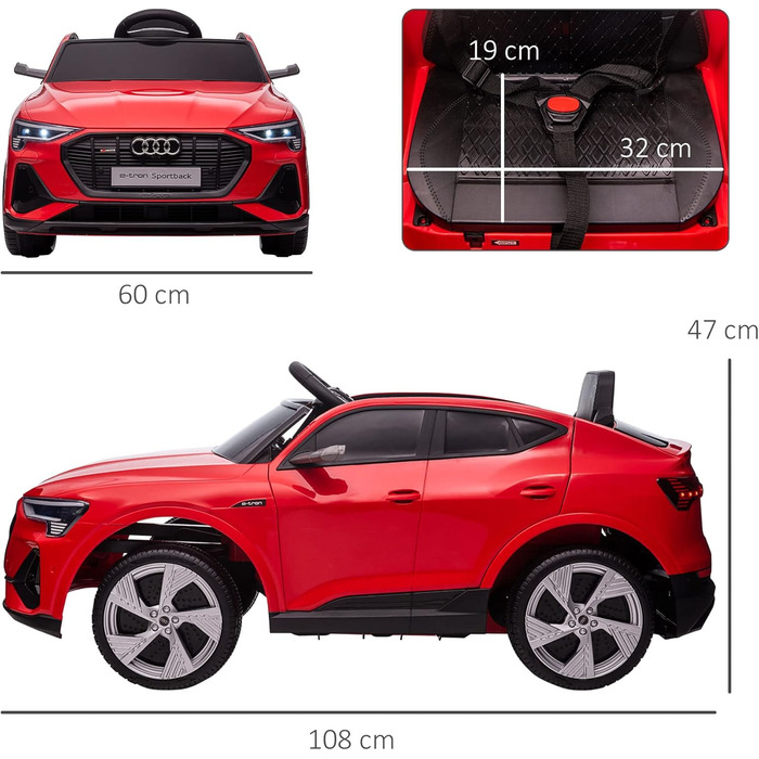 Дитячий електромобіль HOMCOM 12V електромобіль Audi E-tron з пультом дистанційного керування, ремінь безпеки, музика (MP3/USB/TF),