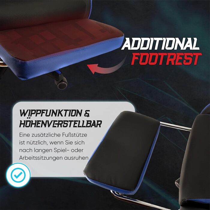 Ігрове крісло xRace, офісне крісло, ергономічне комп&39ютерне крісло, шкіряне ігрове крісло з поперековою опорою, регульований поворотний механізм, робоче крісло з підставкою для ніг та підголівником, синє