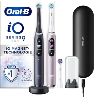 Електрична зубна щітка Oral-B iO Series 9, подвійна упаковка та 3 щітки, 7 режимів чищення, магнітна технологія та 3D-аналіз, кольоровий дисплей, дорожній футляр для зарядки, чорний онікс/рожевий кварц