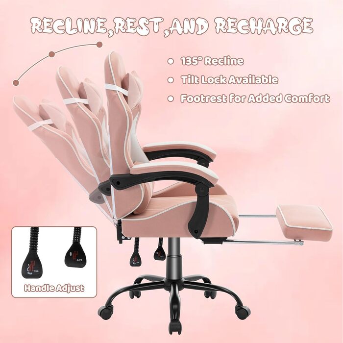 Геймерське крісло з підставкою для ніг, ергономічне з підголівником та поперековою опорою - офісне крісло з високоякісної технічної тканини та вантажопідйомністю 130 кг для кіберспорту/домашнього офісу/ігор (дорослі/підлітки/діти) Рожевий.