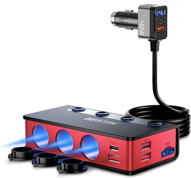Розподільник прикурювача 9 в 1, адаптер автомобільного зарядного пристрою BESTEK 180 Вт з 65 Вт PD і 4 портом QC3.0 автомобільний