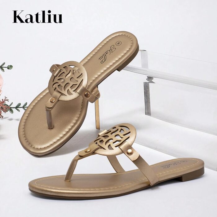 Жіночі літні шльопанці katliu, елегантні сандалі-стрінги для пляжу та міста, легкі, зручні, модні сандалі, розміри 36-42 (EU 42), золоті