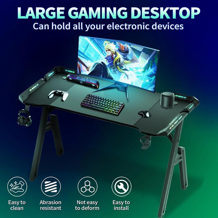 Ігровий стіл 120x60 см, А-подібний ігровий стіл, комп&39ютерний стіл з підсклянником, гачком для навушників, карбоновим покриттям, стабільний ергономічний ПК-стіл для домашнього офісу, ігровий стіл 120 x 60 см А-подібний світлодіодний