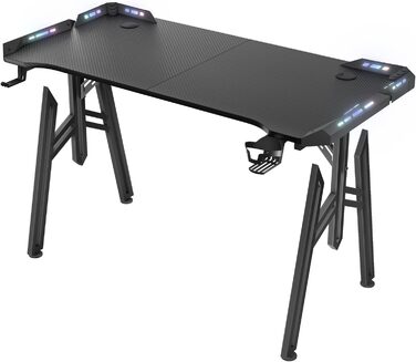 Ігровий комп&39ютерний стіл зі світлодіодним підсвічуванням 160x60 см, чорний, ПК-стіл з підставкою для чашок та гачком для навушників, ергономічний ігровий стіл M-подібної форми, ігровий стіл з вуглецевим волокном для спальні/кабінету, 160x60x73 см