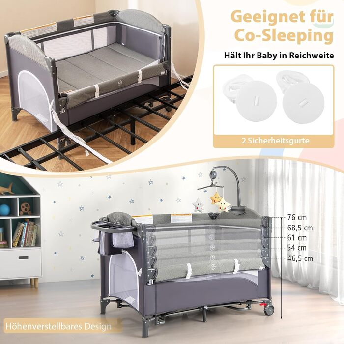 Дорожнє ліжечко з матрацом, дитяче ліжечко 5-в-1 з колесами, пеленальний килимок та музичний мобіль, дитяче ліжечко 110x76 см з сумкою для перенесення, колиска для новонароджених та немовлят (зелена)