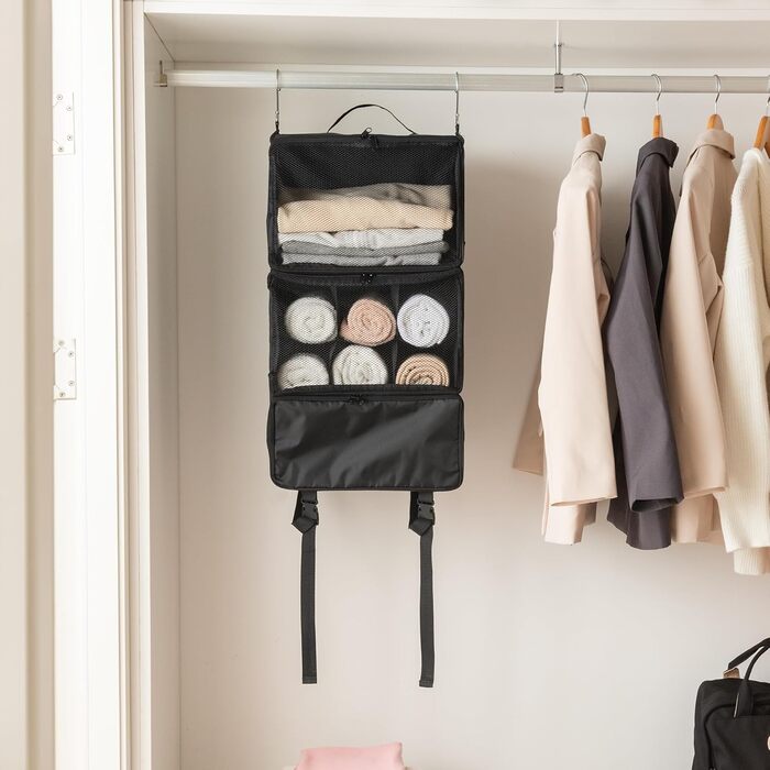 Підвісний органайзер для валізи з 3 відділеннями, складаний органайзер для гардеробу, портативна дорожня полиця, чорний підвісний органайзер-шафа, портативний підвісний дорожній органайзер середнього чорного кольору